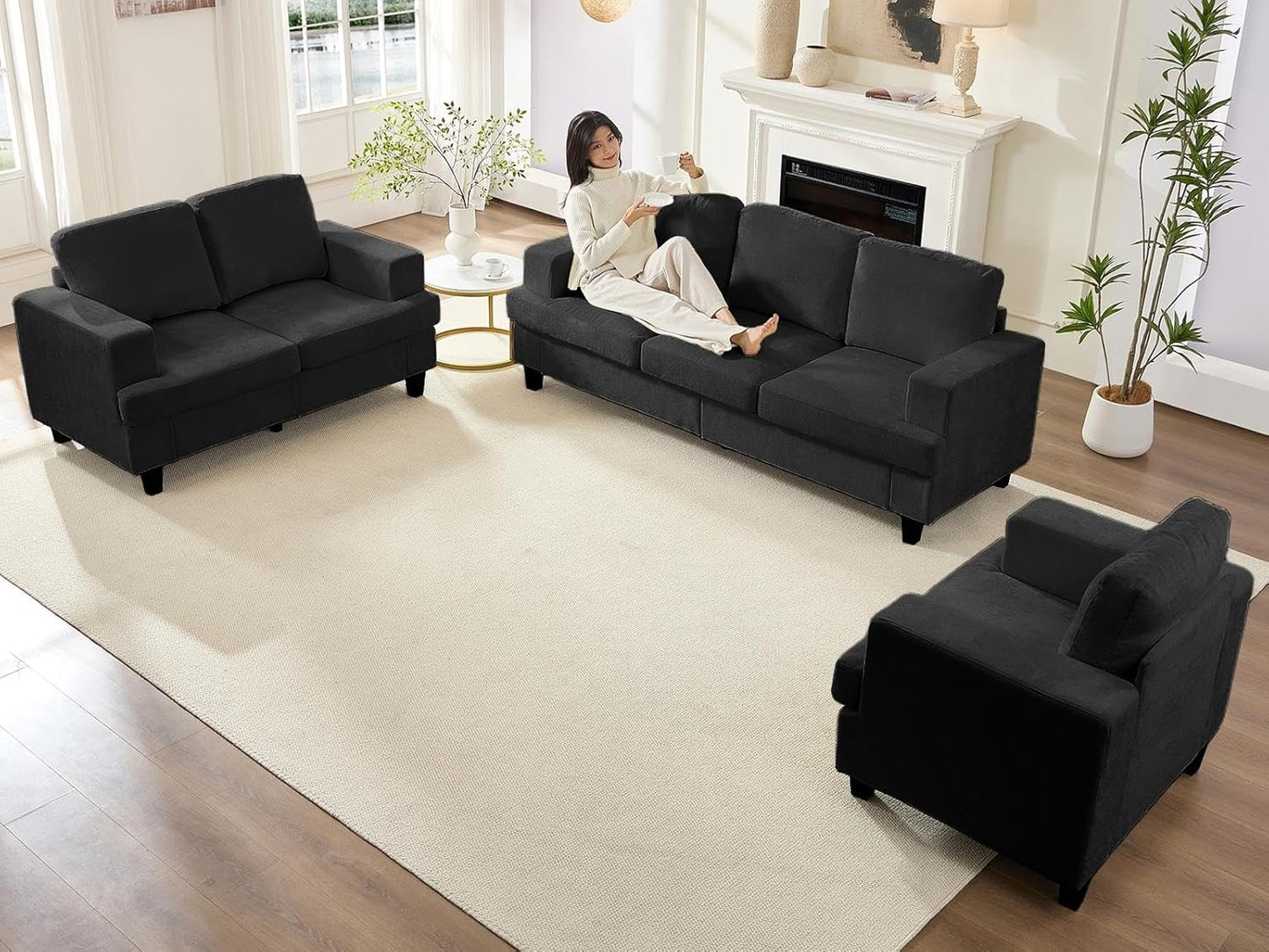 82" Width 3 Piece Living Room Sets Furniture, 3 Seater Sofa Couch and Loveseat and Chair Set, Modular Sectional Sofa Couch Sets, Sofas Couches Set for Living Room Bedroom Home Office, Dark Grey