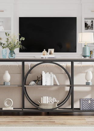 70.9-Inch Extra Long Narrow Console Table with Three-Tier Wooden Storage Shelves and Metal Frame for Entryway, Hallway, and Living Room - Black Rustic Gray