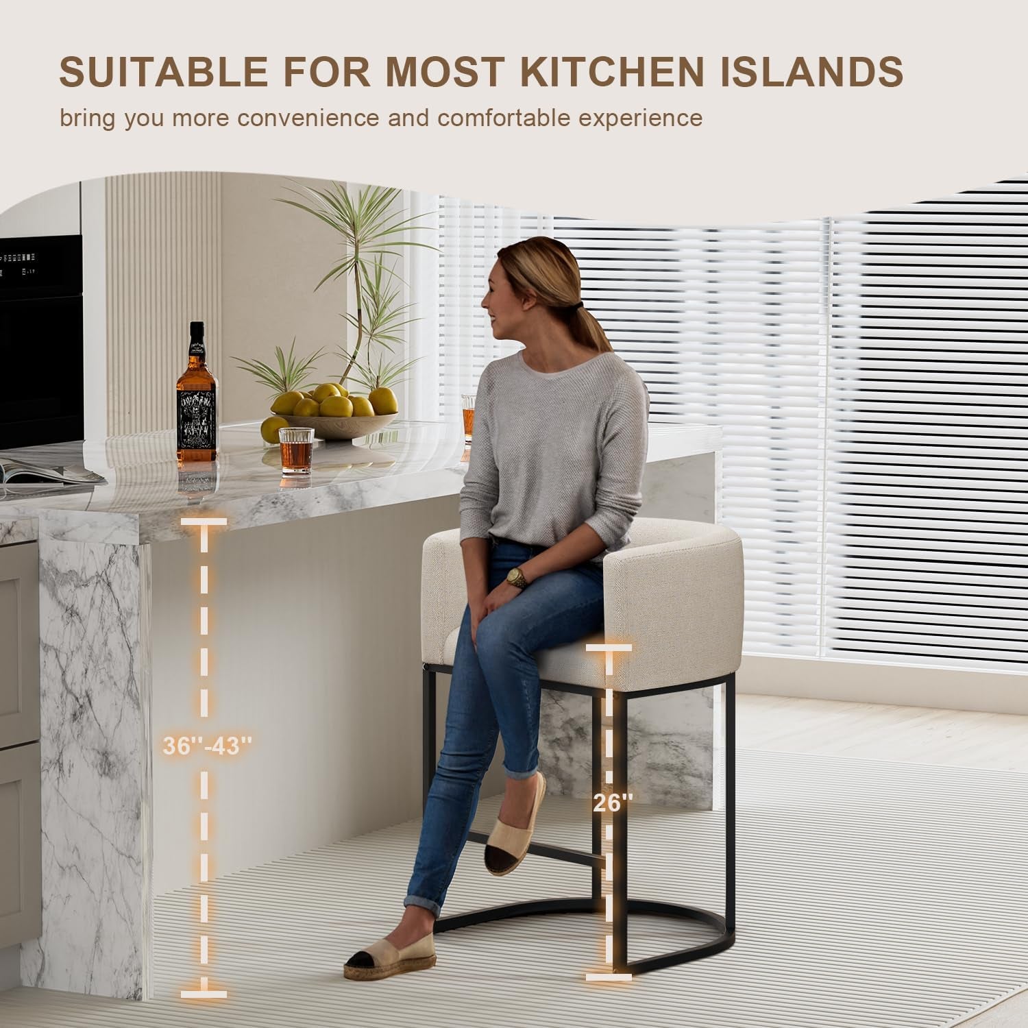 26" H Counter Height Bar Stools Set of 2, Modern Barrel Counter Stools with Backrest and Arms, Linen Fabric Upholstered Accent Barstools for Kitchen Island,Support 450 LBS (Beige)