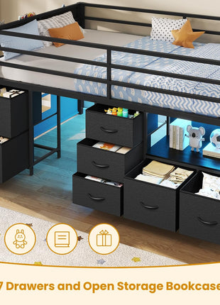 Twin Size Low Loft Bed with 7 Storage Drawers, Bookcase, LED Lights, Safety Guardrail, Inclined Ladder, Play Curtain, and Under-Bed Play Space in Black