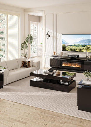 Elevate Your Living Room Aesthetic with a 4-Piece Contemporary Table Set Including a High Gloss Fireplace TV Stand, LED Coffee Table, and Two Stylish End Tables with Storage Drawers.