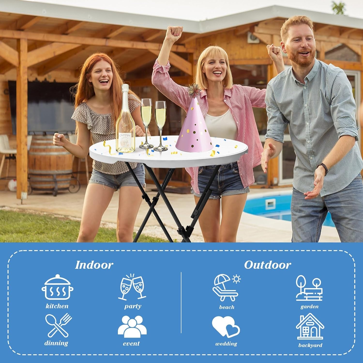 2Sets 32In Hightop Folding Cocktail Tables+Covers-Spandex Stretch Folding Tall Bar Table Covers, Detachable Legs Bar Height Folding Table Outdoor Indoor Use (Black/2 Tables+2 Covers)