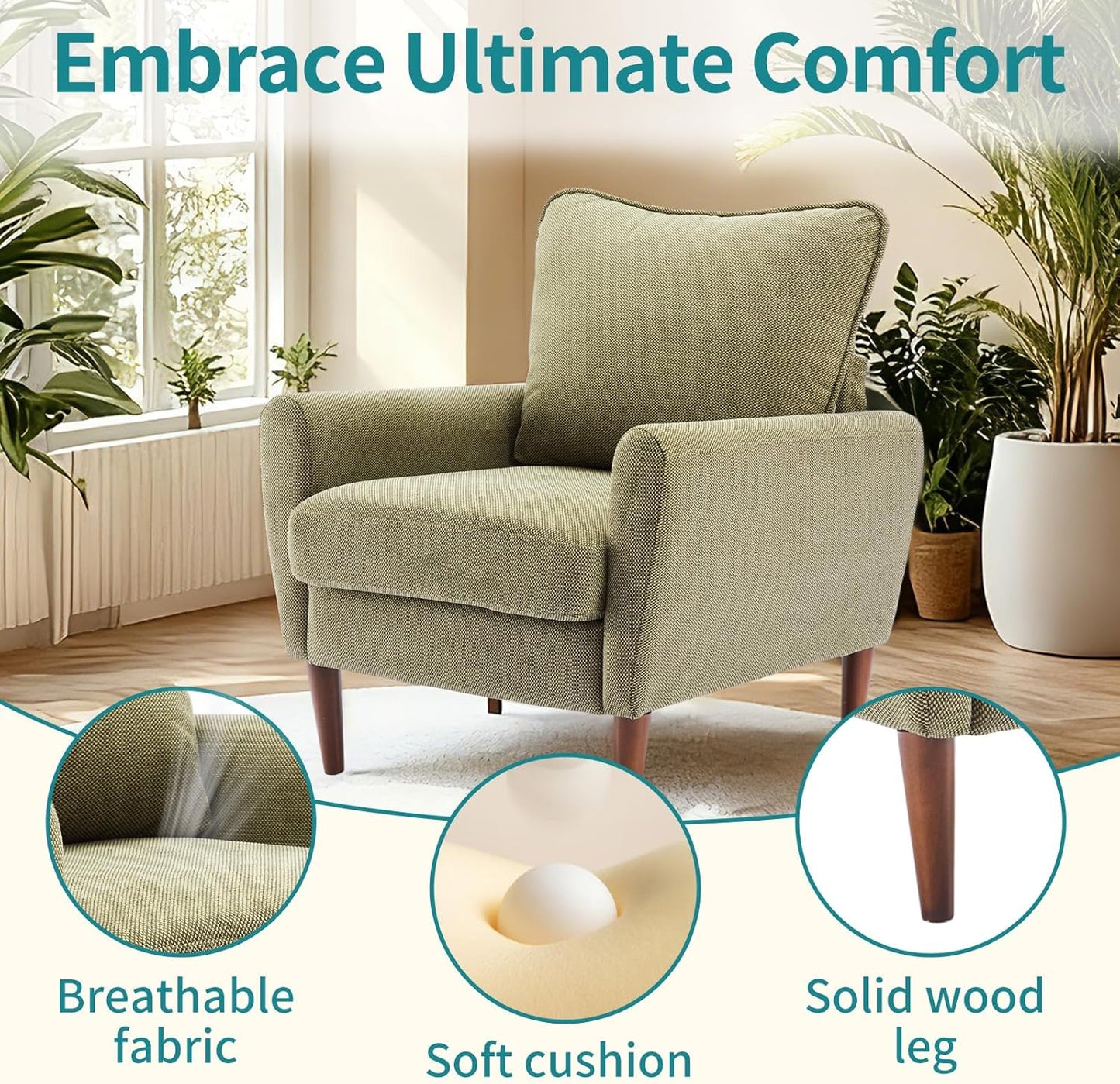 Comfy Accent Chair for Living Room Bedroom and Waiting Room, Upholstered Mid-Century Reading Chair with Pillow and Solid Wood Legs, Wide Singe Modern Lounge Sofa (Green)