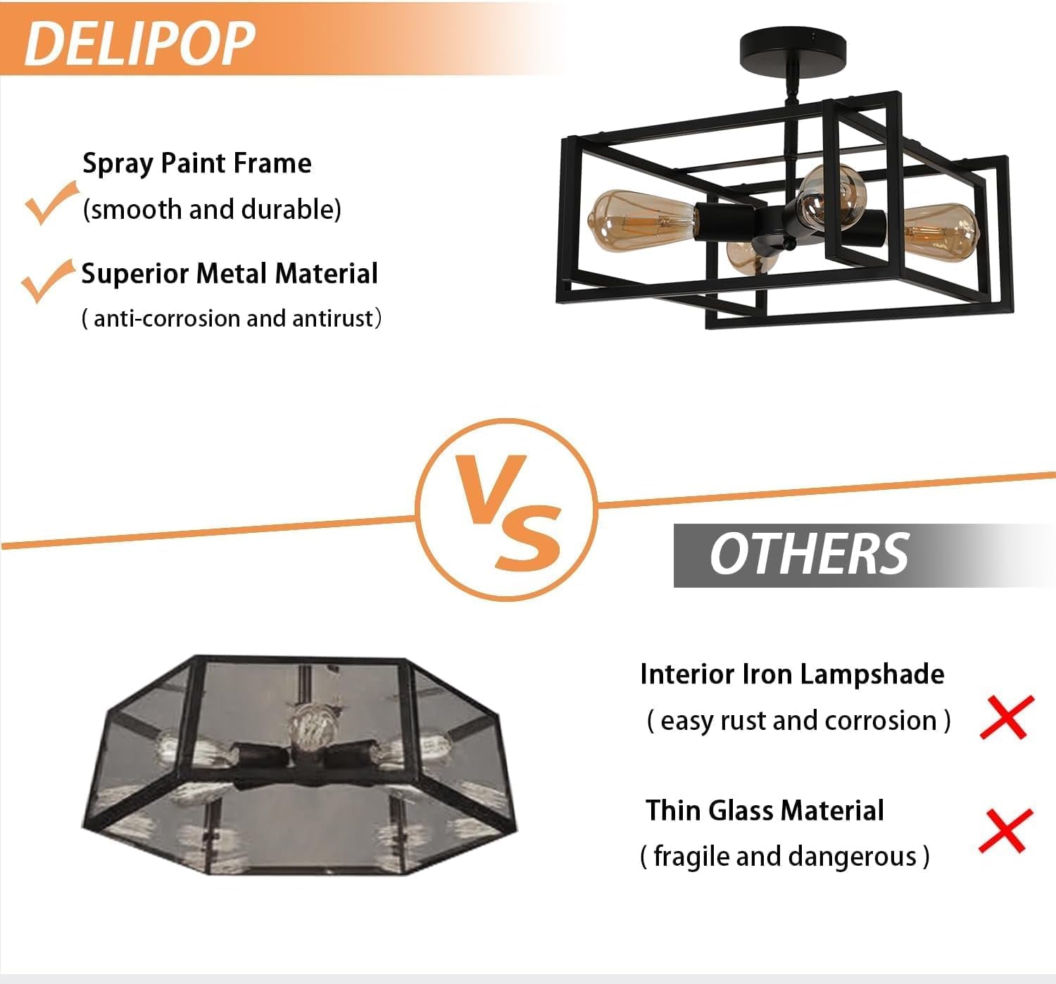 4-Light LED Ceiling Light Industrial Black Farmhouse, Semi Flush Mount Ceiling Light, Lighting for Dining Room Kitchen Hallway Island