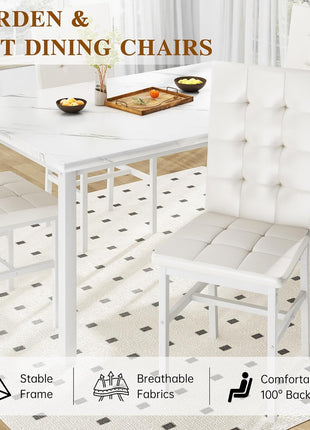 Contemporary Dining Table Set for Four with Faux Marble Surface and Leather Upholstered Chairs, Perfect for Compact Areas, White Finish