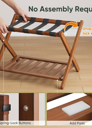 Fully Assembled Bamboo Luggage Racks Set of 2 with Shoe Shelf, Foldable Suitcase Holders for Guest Rooms, Bedrooms, and Hotels in Walnut Finish