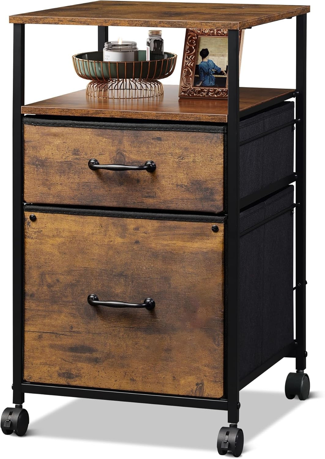 2 Drawer Mobile File Cabinet, Rolling Printer Stand with Open Storage Shelf, Fabric Vertical Filing Cabinet Fits A4 or Letter Size for Home Office, Rustic Brown Wood Grain Print