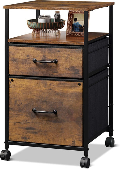 2 Drawer Mobile File Cabinet, Rolling Printer Stand with Open Storage Shelf, Fabric Vertical Filing Cabinet Fits A4 or Letter Size for Home Office, Rustic Brown Wood Grain Print