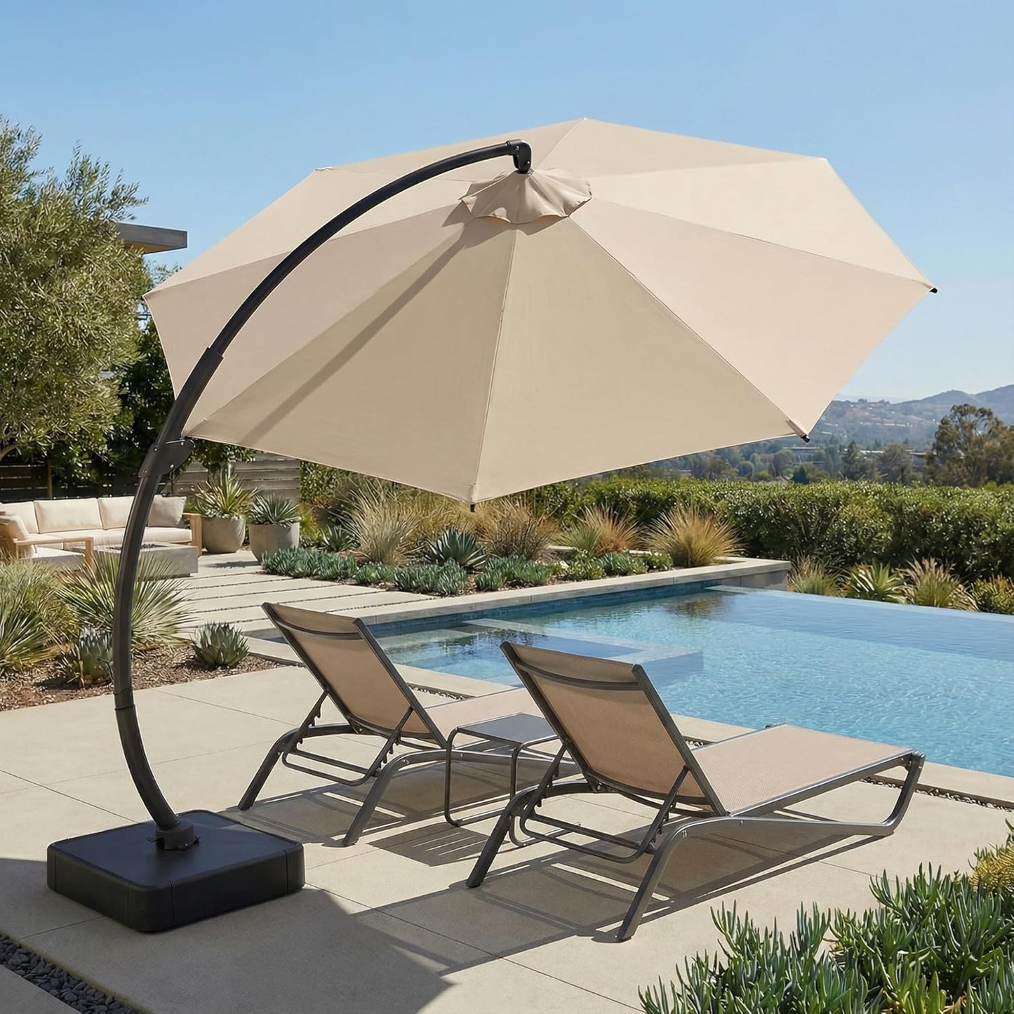 11Ft Offset Cantilever Patio Umbrella with Base Included, Large round Aluminum Outdoor Umbrella, 360° Rotation & Infinite Tilt, Heavy Duty Frame for Deck Pool Backyard, Beige