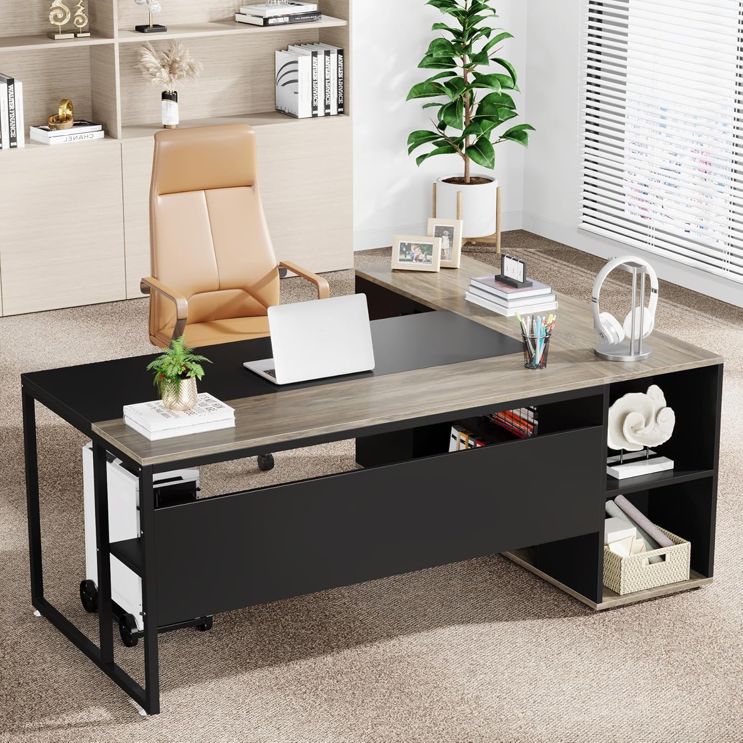 71 Inch Executive Desk, L Shaped Desk with Cabinet Storage, Executive Office Table with Shelves, Business Furniture Set Workstation for Home Office, Gray