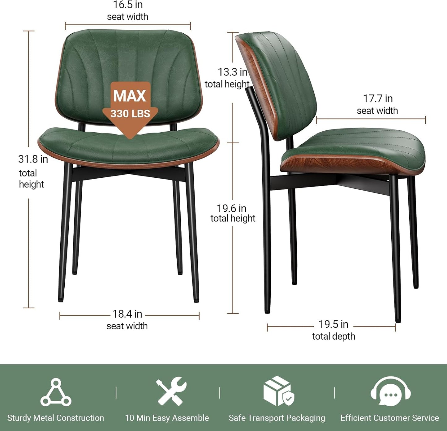 Dining Chairs Set of 4, Mid-Century Modern Upholstered PU Leather Chairs with Walnut Bentwood Back and Metal Legs Adjustable Feet for Kitchen Dining Room, Dark Green Shell Strips