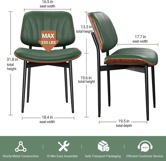 Dining Chairs Set of 4, Mid-Century Modern Upholstered PU Leather Chairs with Walnut Bentwood Back and Metal Legs Adjustable Feet for Kitchen Dining Room, Dark Green Shell Strips