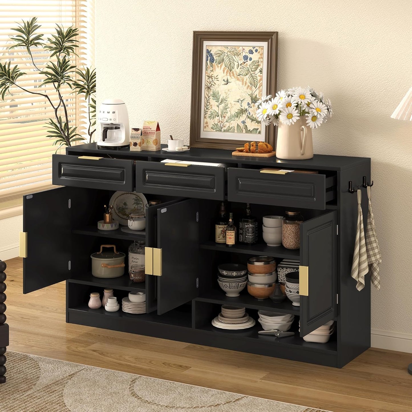 Buffet Table with 3 Drawers, 59.1" Multi-Functional Buffet Cabinet with Storage, Sideboard Cabinet with Adjustable Shelf for Dining Room, Living Room, Entryway, Black