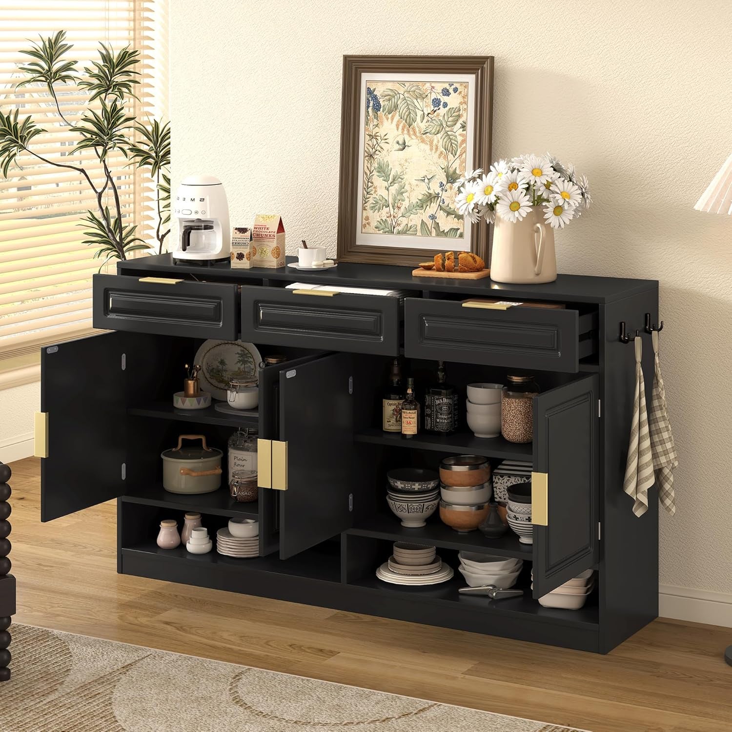 Buffet Table with 3 Drawers, 59.1" Multi-Functional Buffet Cabinet with Storage, Sideboard Cabinet with Adjustable Shelf for Dining Room, Living Room, Entryway, Black