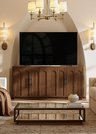 67" Arched Walnut Buffet Cabinet with Storage - Large Mid-Century Modern Credenza with 4 Doors for Kitchen and Living Room (67" x 31.5" x 15.7")