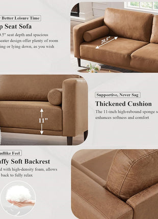 79-Inch Mid-Century Modern Faux Leather Sofa Couch with Deep Seats, Cloud Cushions, and Two Pillows - 3-Seater Loveseat for Living Room, Office, Bedroom, or Apartment in Brown