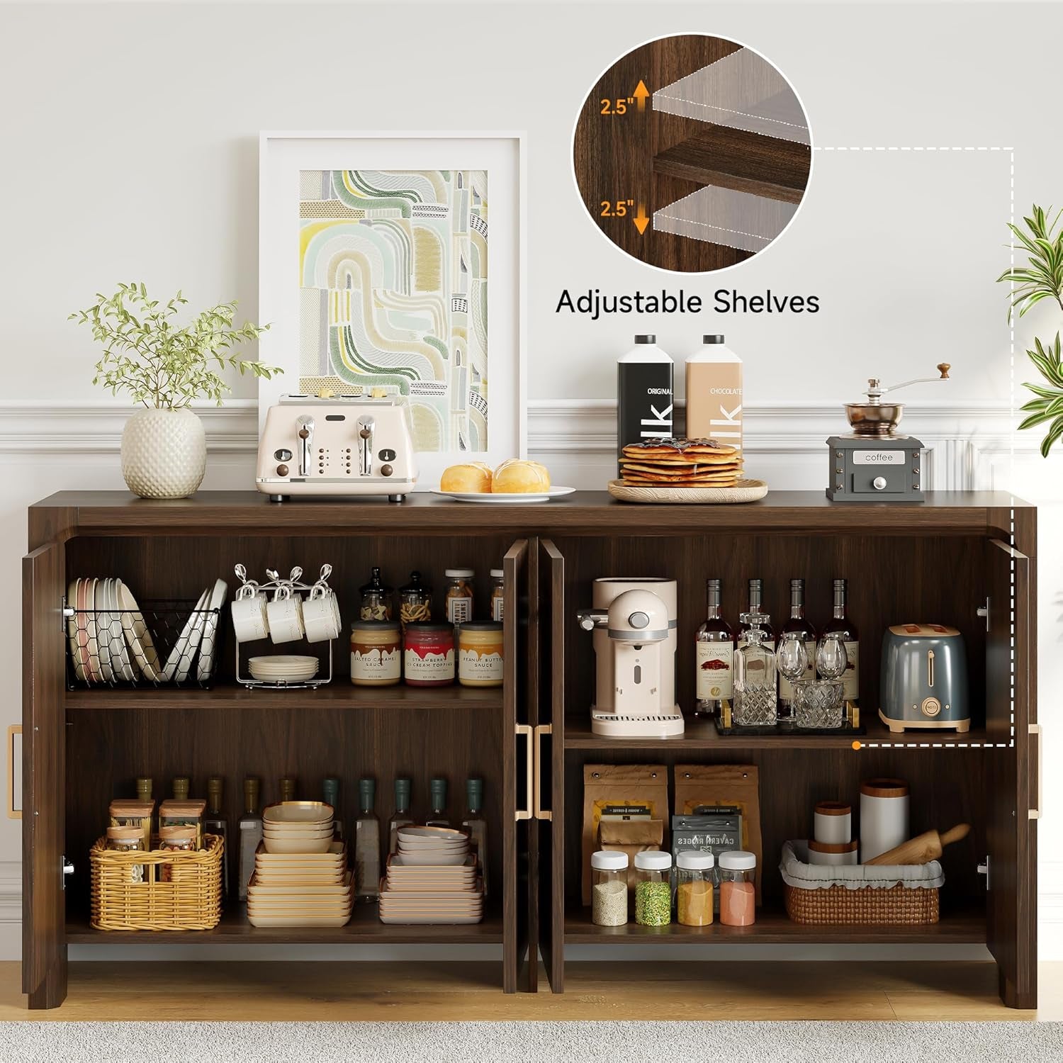 63" Buffet Cabinet with 4 Doors and Adjustable Shelves, Sideboard Buffet Cabinet with Storage, Wood Kitchen Console Table, Modern Coffee Bar for Kitchen, Living Room, Hallway (Walnut)