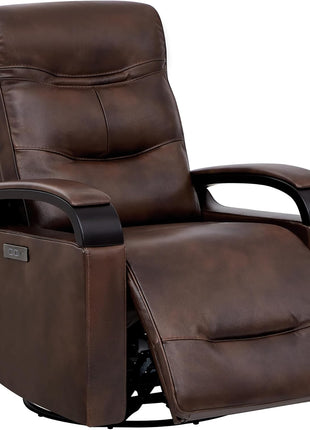 Genuine Leather Power Swivel Glider Rocker Recliner Chair, FSC Certified Mid-Century Modern Design with Adjustable Power Headrest for Nursery and Living Room, Creamy Grey