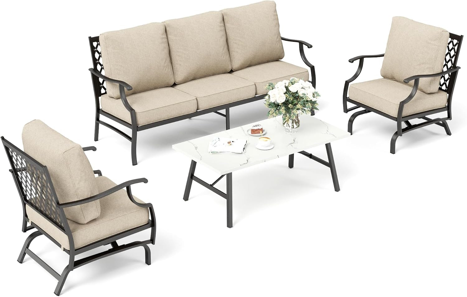 Patio Furniture Set, 4 Piece Modern Metal Outdoor Patio Furniture, 3 Seater Sofa, 2 Rocking Chairs, Coffee Table and 5.75" Extra Thick Cushion, Patio Conversation Set for Deck Backyard