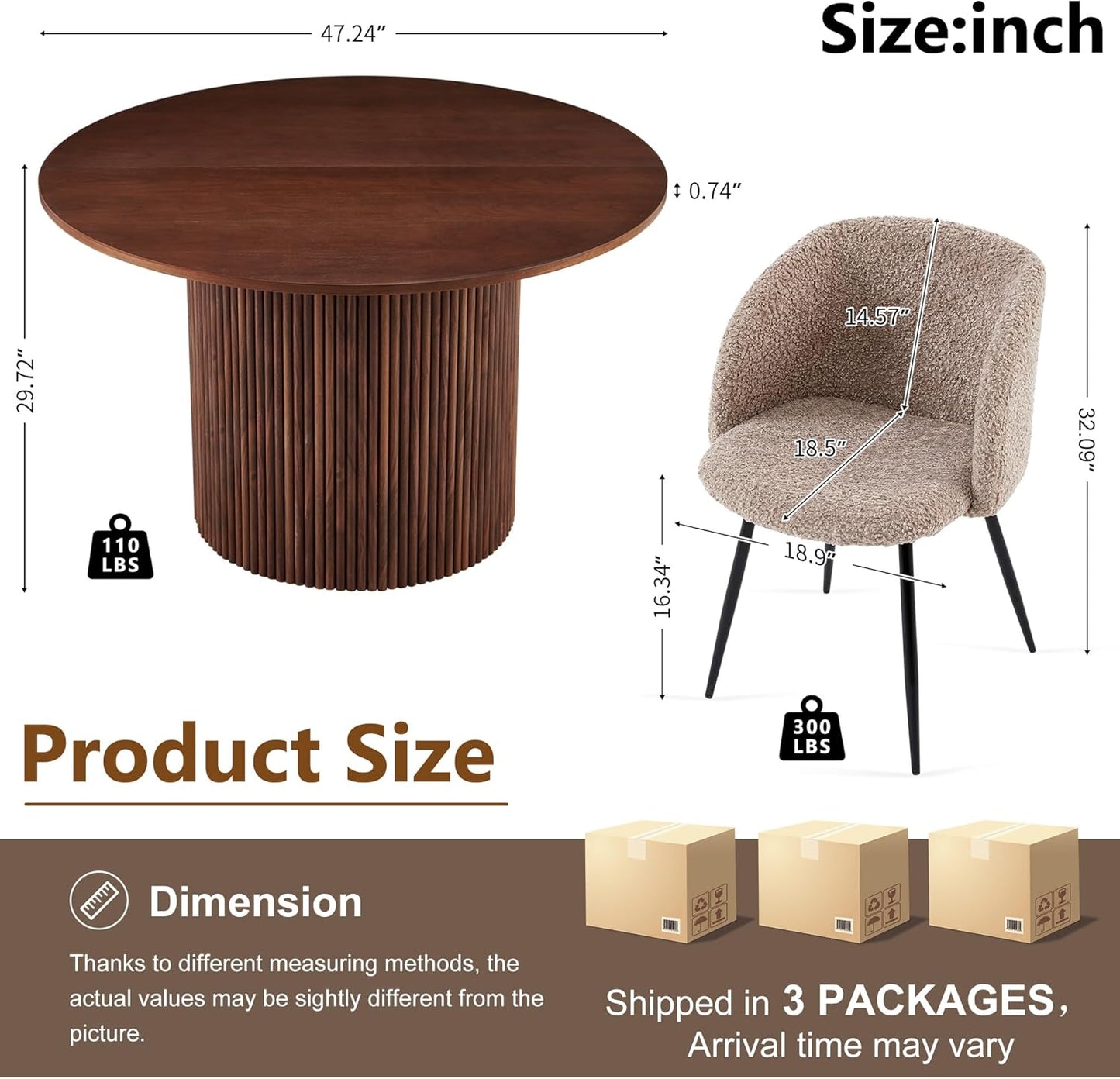 5 Piece 47-Inch round Dining Table Set for 4, Rustic Walnut Dinner Table with Upholstered Dining Room Chairs Brown, Engineered Wood Kitchen Table with Wood Strips Base