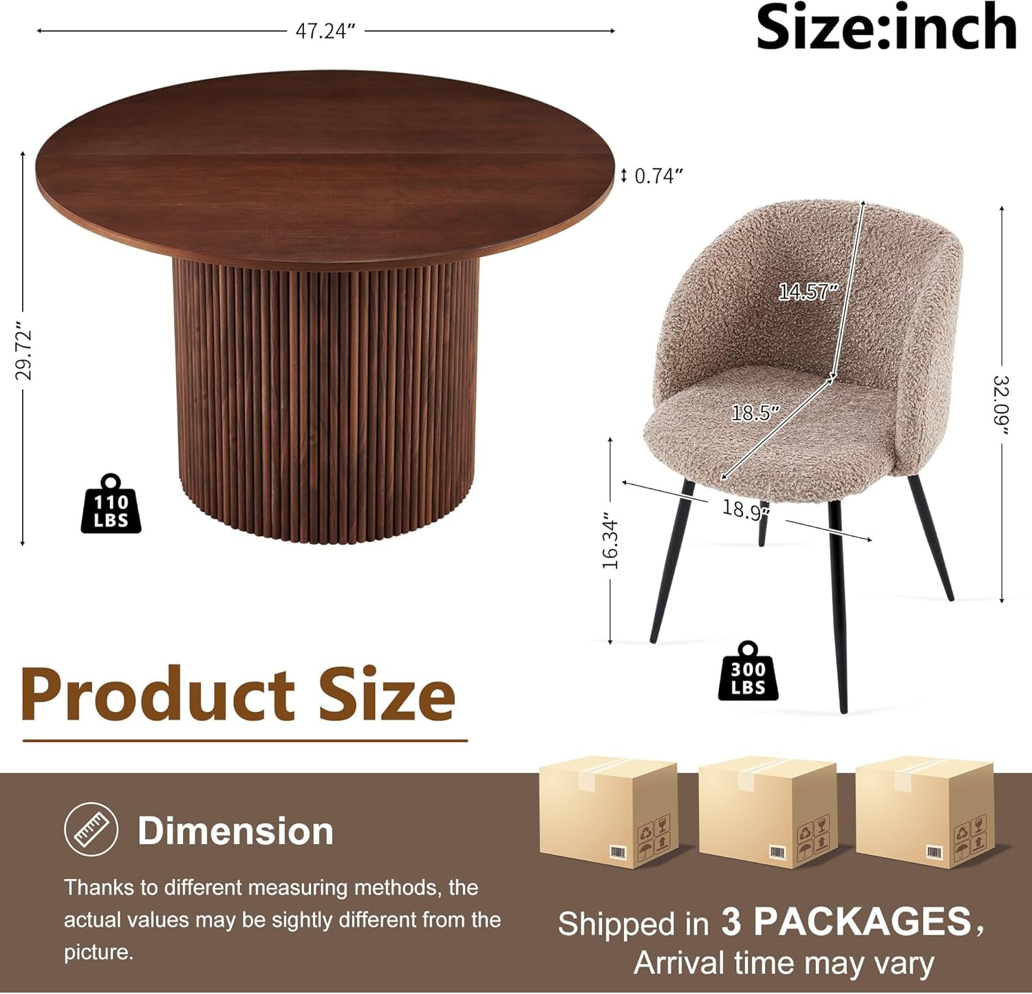 5 Piece 47-Inch round Dining Table Set for 4, Rustic Walnut Dinner Table with Upholstered Dining Room Chairs Brown, Engineered Wood Kitchen Table with Wood Strips Base