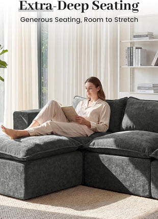 Stylish 101" Modular Cloud Sofa with Ottoman - L-Shaped Boneless Sectional Couch for Living Room, No Assembly Required, Dark Grey