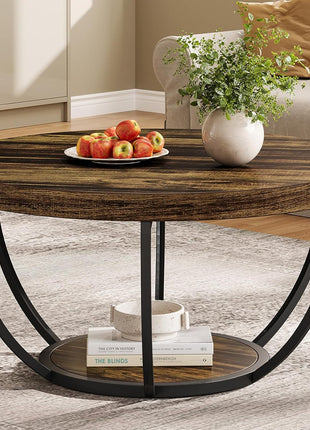 31.7-Inch Round Wooden Coffee Table with Dual-Tier Storage Shelves, Modern Rustic Accent Table for Living Room in Brown Finish