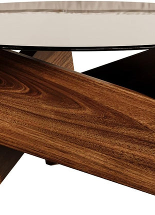 Contemporary Round Coffee Table with Tempered Glass Top, 30.7" x 30.7" x 16.1", Walnut Finish for Living Room Decor