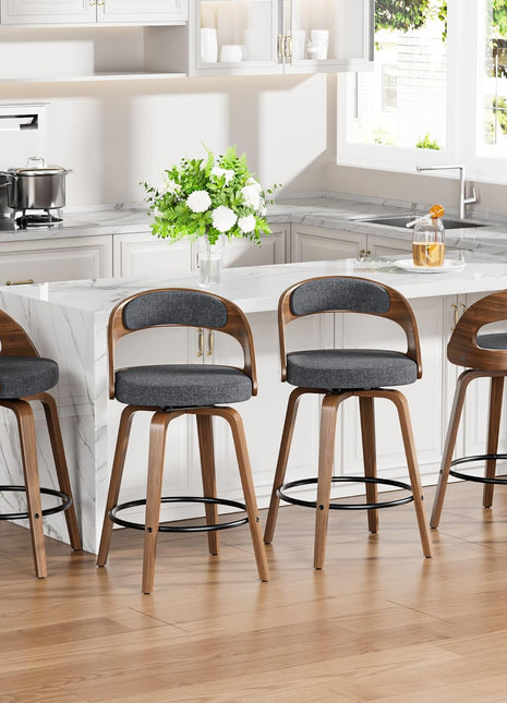 Set of 4 Mid-Century Modern 26" Upholstered Linen Fabric Swivel Bar Stools with Bentwood Legs and Back for Kitchen Island and Dining Room, Grey