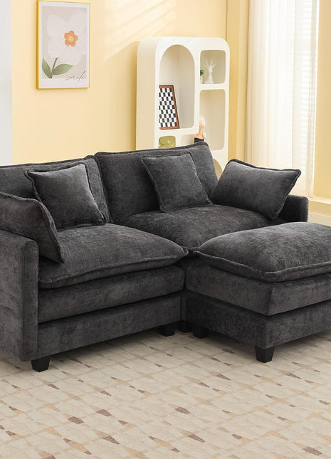 76-Inch Deep Seat Loveseat Sofa, Upholstered Chenille 3-Seat Modular Sectional Couch with Movable Ottoman, Contemporary Comfortable Settee for Living Room and Small Apartments, Dark Grey