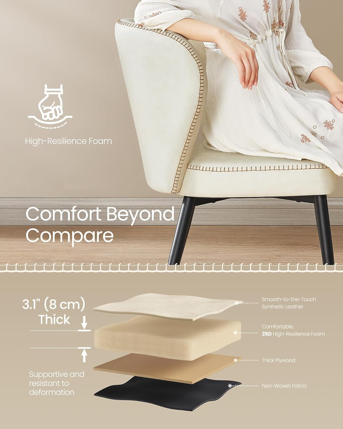 EKHO Collection - Dining Chairs Set of 2, Upholstered Kitchen Chairs, Comfortable Seat, Synthetic Leather with Stitching, Mid-Century Modern, Easy Assembly, Living Room Lounge, Cream White