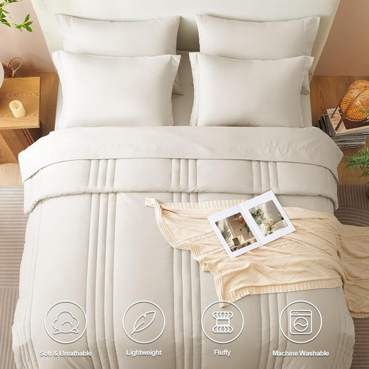 Queen Size Comforter Sets - 7 Piece Bed in a Bag Beige Comforter Set with Sheets Luxury Queen Bed Set All Seasons, Soft Bedding Set with down Alternative Comforter, Sheets, Pillowcases & Shams