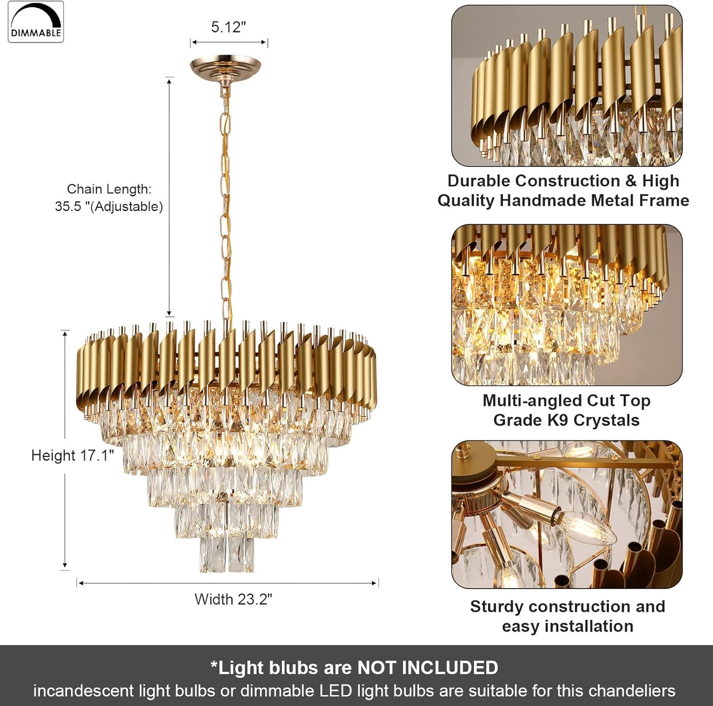 AXILIXI Modern Crystal Chandelier Gold, 24" round Chandeliers for Dining Room K9 5 Tiers Ceiling Pendant Light Fixtures Golden Large Raindrop Flush Mount Chandelier for Foyer Living Room Staircase