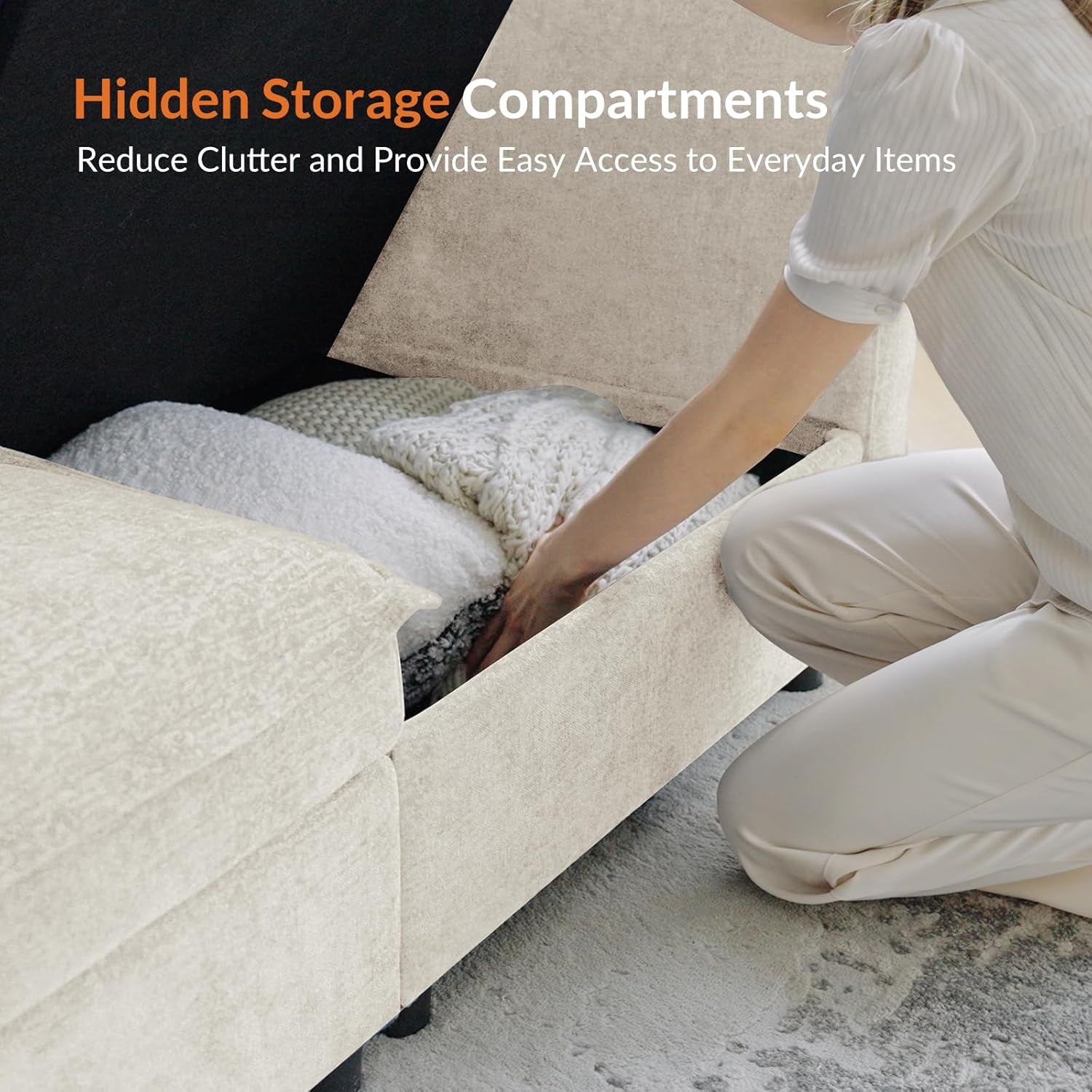 127'' Modular Sectional Sofa, Oversized U Shaped Couch with Storage Ottoman, Comfy Chenille Sofa with Deep Seat, 6 Seat Convertible Couches for Living Room, Beige