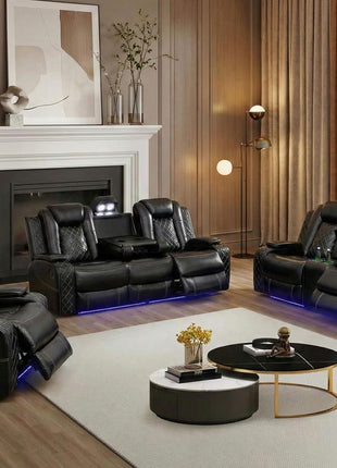Elevate Your Living Room with a Contemporary Power Recliner Sofa Set - Featuring Breathable Leather, LED Lighting, USB Ports, Cup Holders, and Convenient Storage for an Exceptional Home Theater Experience.
