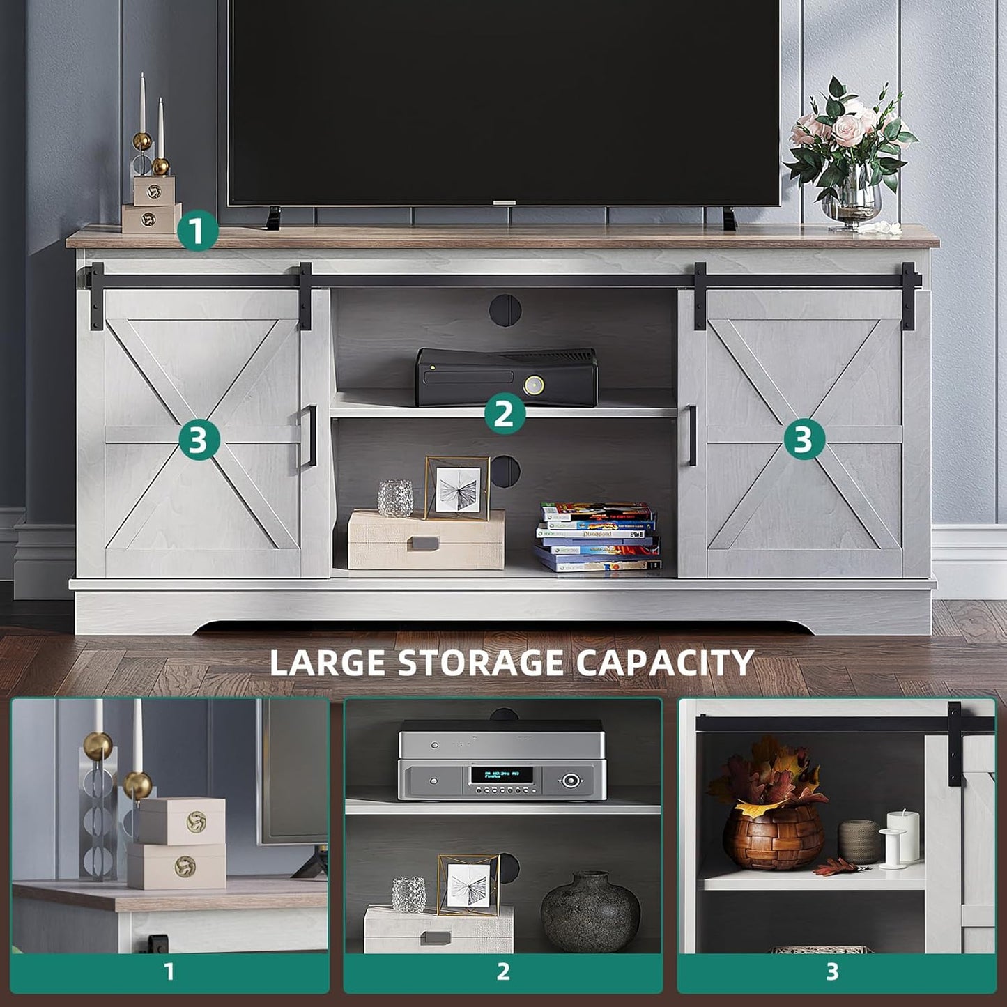Farmhouse TV Stand for 65 Inch Television Stand, Entertainment Center with Storage Cabinets and Sliding Barn Doors, Rustic Media TV Console Table for Living Room, Grey White/Grey Wash