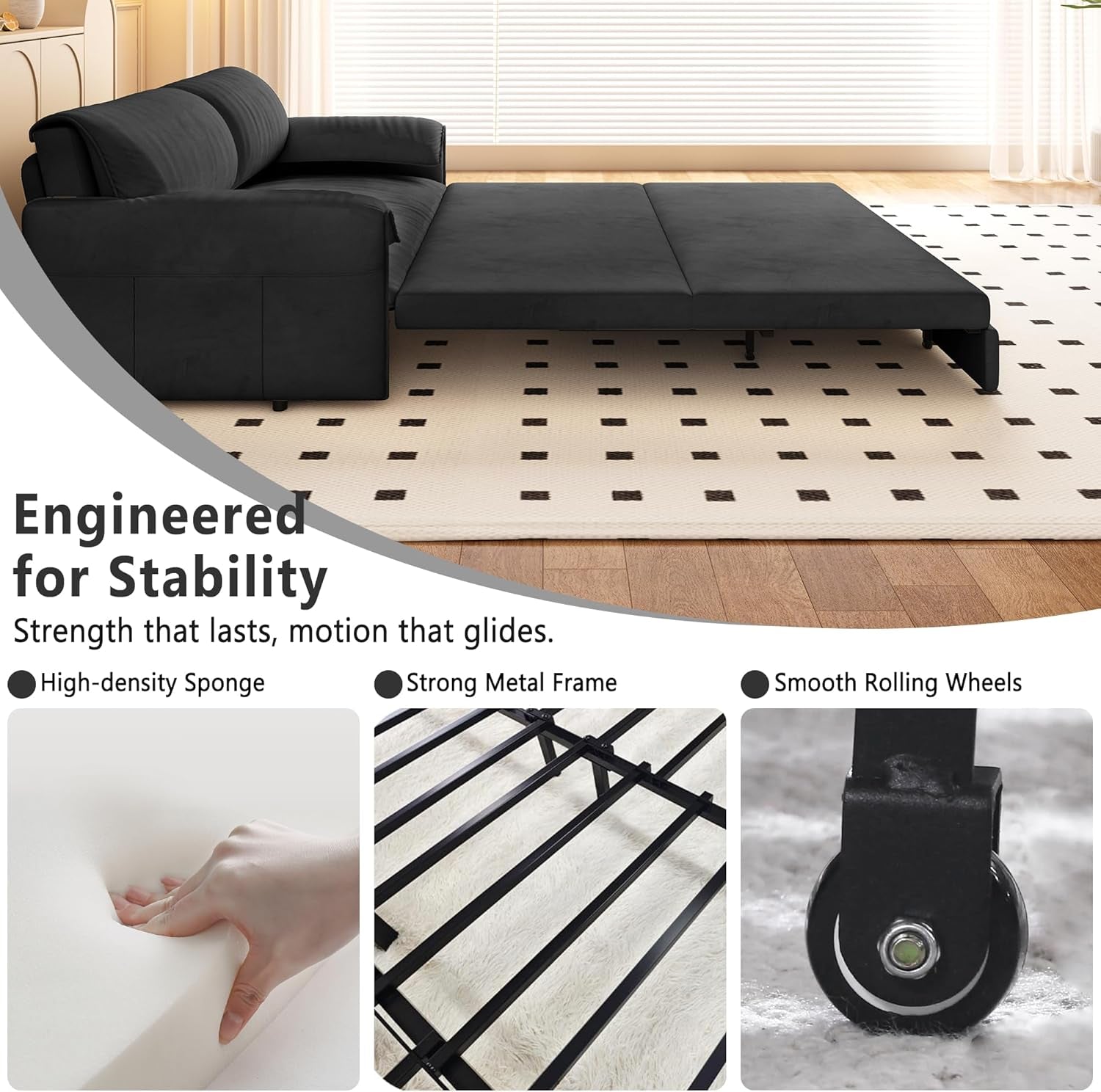 63.8" Futon Sofa Bed Queen Size, Pull Out Bed, 3-In-1 Convertible Sleeper Sofa with Side Pocket, Modern Velvet Futon Couch for Living Room, Small Space, Apartment, Bedroom, Black