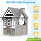 Kids Outdoor Playhouse,Cedar Gray Wooden Play House for Kids Ages 3-8, with Play Kitchen, Interactive Doorbell, Toy Phone, Sink, Flowerpot