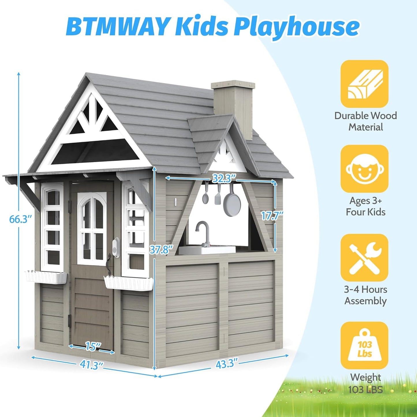 Kids Outdoor Playhouse,Cedar Gray Wooden Play House for Kids Ages 3-8, with Play Kitchen, Interactive Doorbell, Toy Phone, Sink, Flowerpot