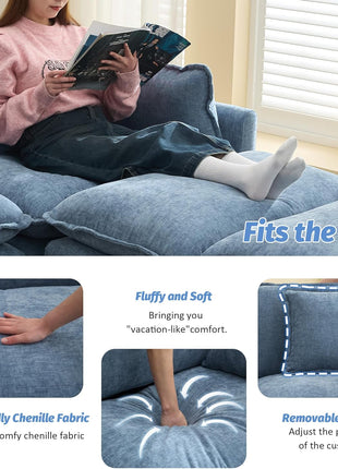 76-Inch Cloud Deep Seat Upholstered Chenille Modular Loveseat Sofa with Movable Ottoman, Modern 3-Seat Sectional Couch for Living Room and Small Apartments, Blue