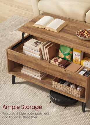 Lift-Top Coffee Table with Gas Spring Mechanism, Concealed Storage Compartment, and Open Shelf for Living Room and Home Office, Honey Brown Finish ULCT268KB01S