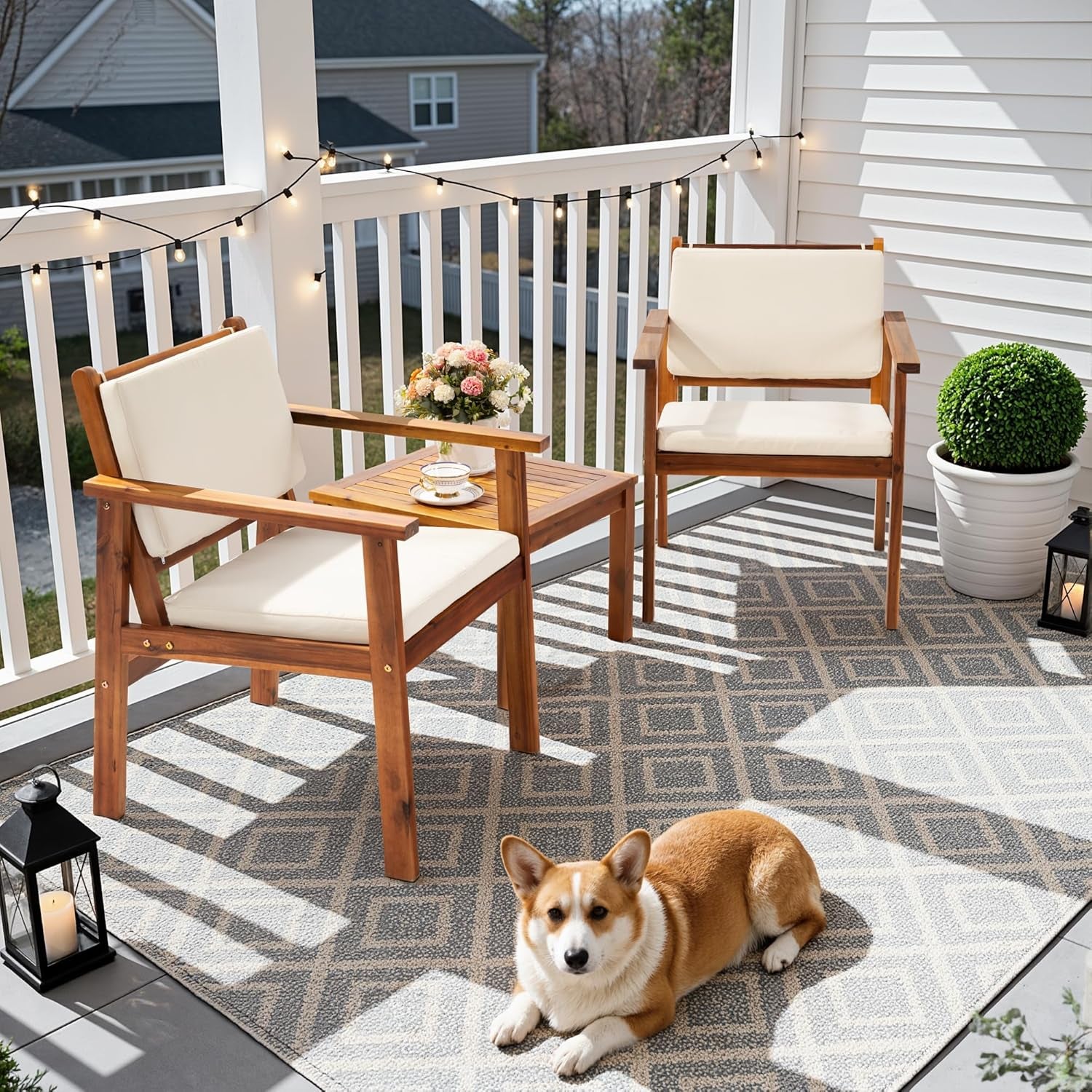 Patio Chairs 3 Piece Acacia Wood Patio Furniture with Coffee Table & Cushions Outdoor Conversation Set Balcony Chairs for Porch, Deck, Backyard