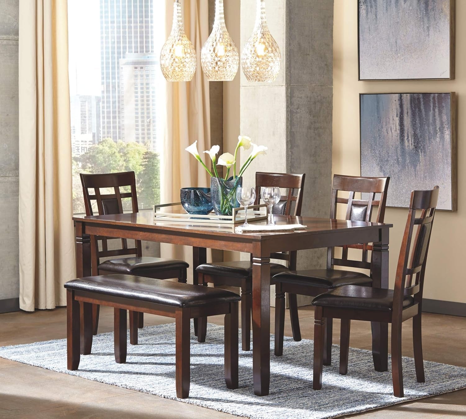 Bennox Dining Room Table and Chairs with Bench (Set of 6), Brown