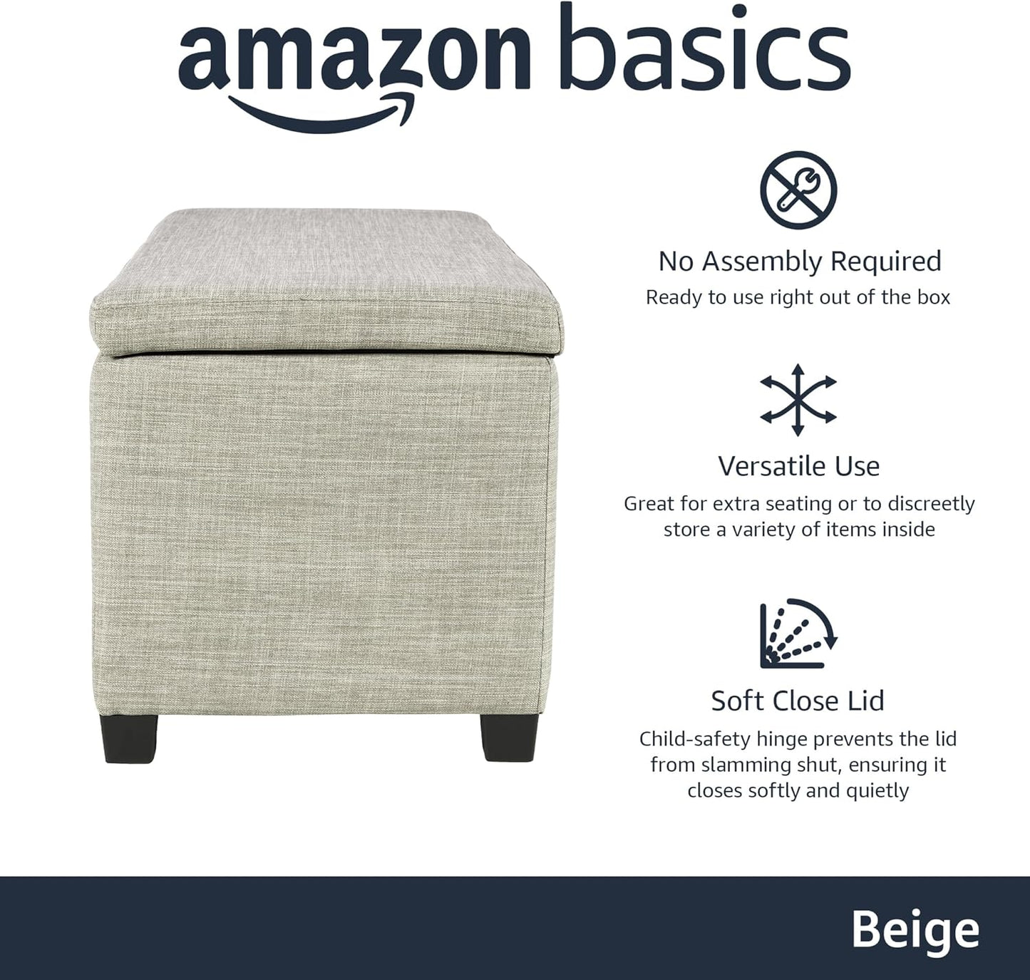 Upholstered Storage Rectangular Ottoman and Entryway Bench, Polyester, Beige, 35.5"W X 16.5"D X 17"H