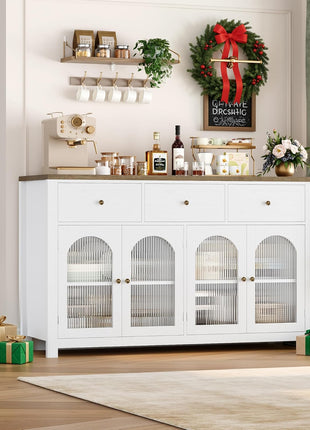 55.1" Large Farmhouse Buffet Cabinet with Storage, Featuring 3 Drawers and 4 Doors, Ideal for Kitchen and Dining Room Use