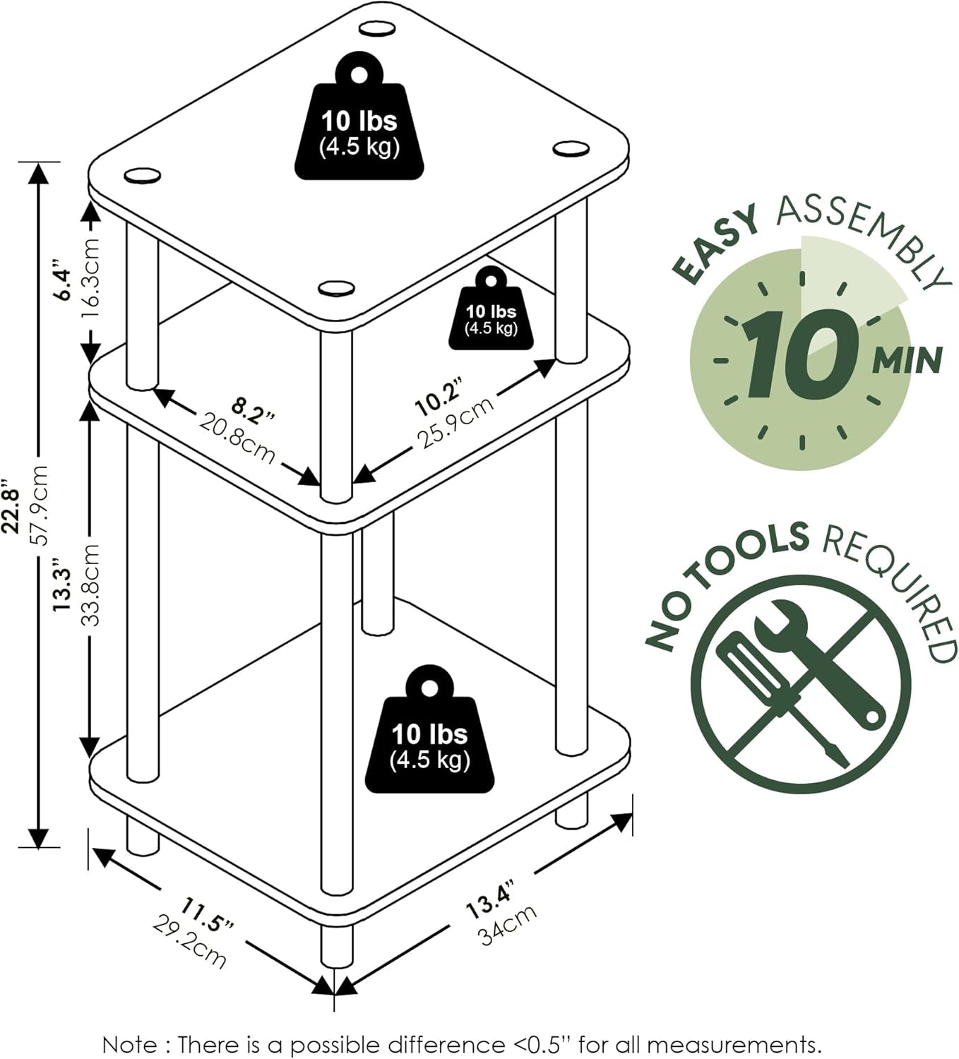 JUST Side Table, 3-Tier End Table, Open Shelves Night Stand, Bedside Table, Toolless Assembly, for Living Room, Bedroom, Bathroom, French Oak