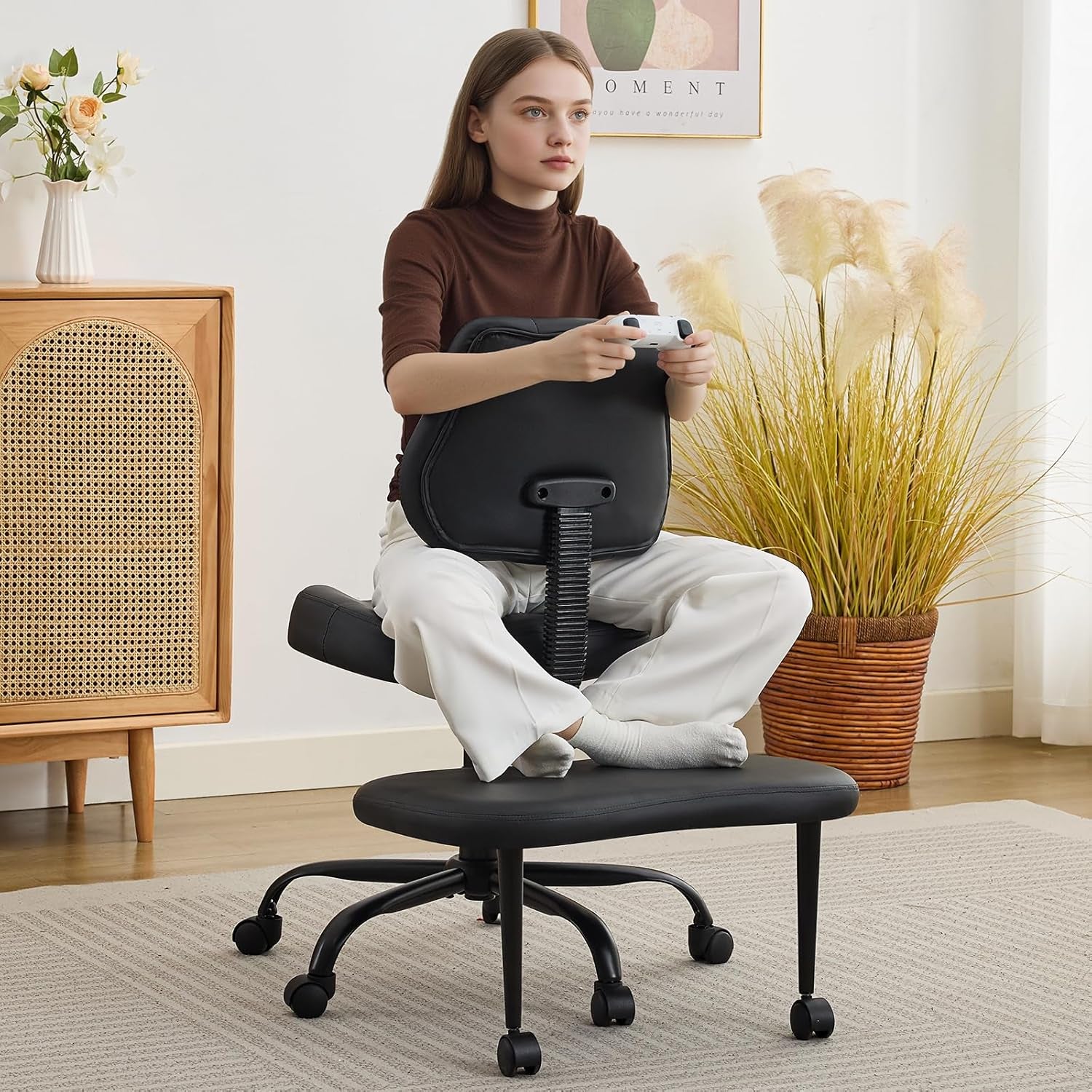 Ergonomic Cross Legged Office Chair, Criss Cross Chair with Wheels, 360°Swivel ADHD Meditation Kneeling Yoga Seat with Adjustable Height, Ergonomic Back Support and Leg Rest, Leather (Black)
