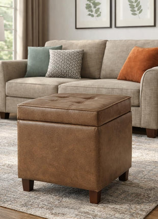 Square Tufted Storage Ottoman in Distressed Brown Faux Leather with Compact Design