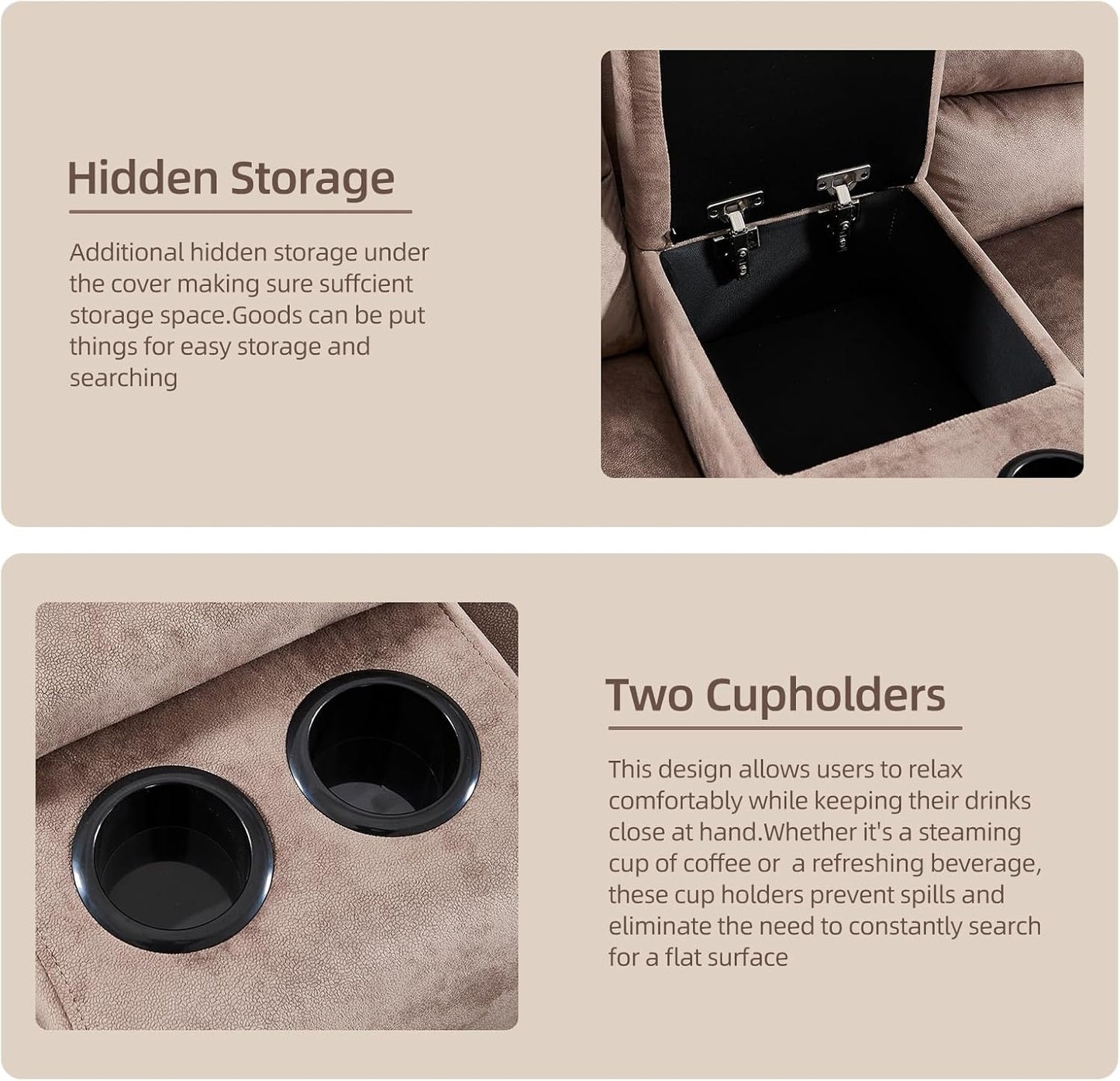 Manual Reclining Sectional Sofa Set for Living Room, Soft Fabric Recliner Corner Sectional Couch with Center Console, Cup Holder and Storage, Brown