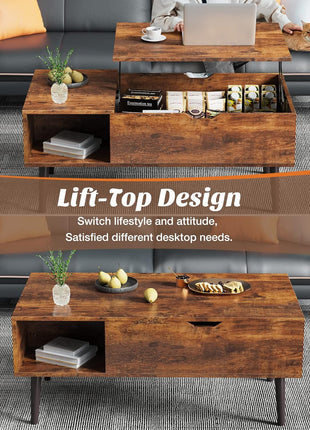 Lift-Top Coffee Table for Living Room - Compact Wooden Center Table with Storage Shelf and Concealed Compartment in Brown